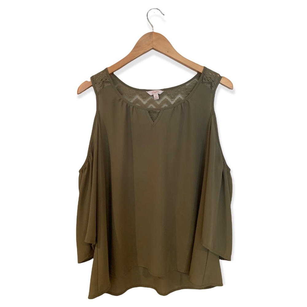 Candie’s off the shoulder lace olive top